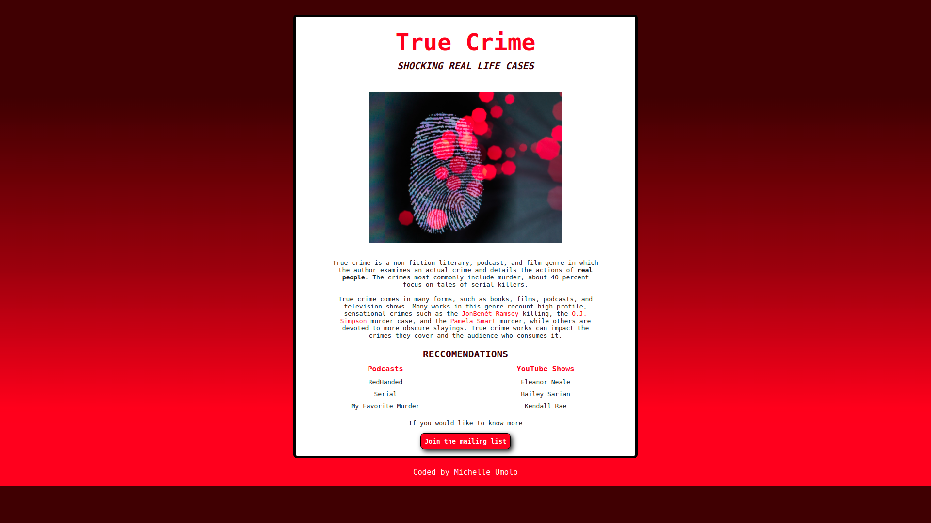 image of website introducing true crime subject